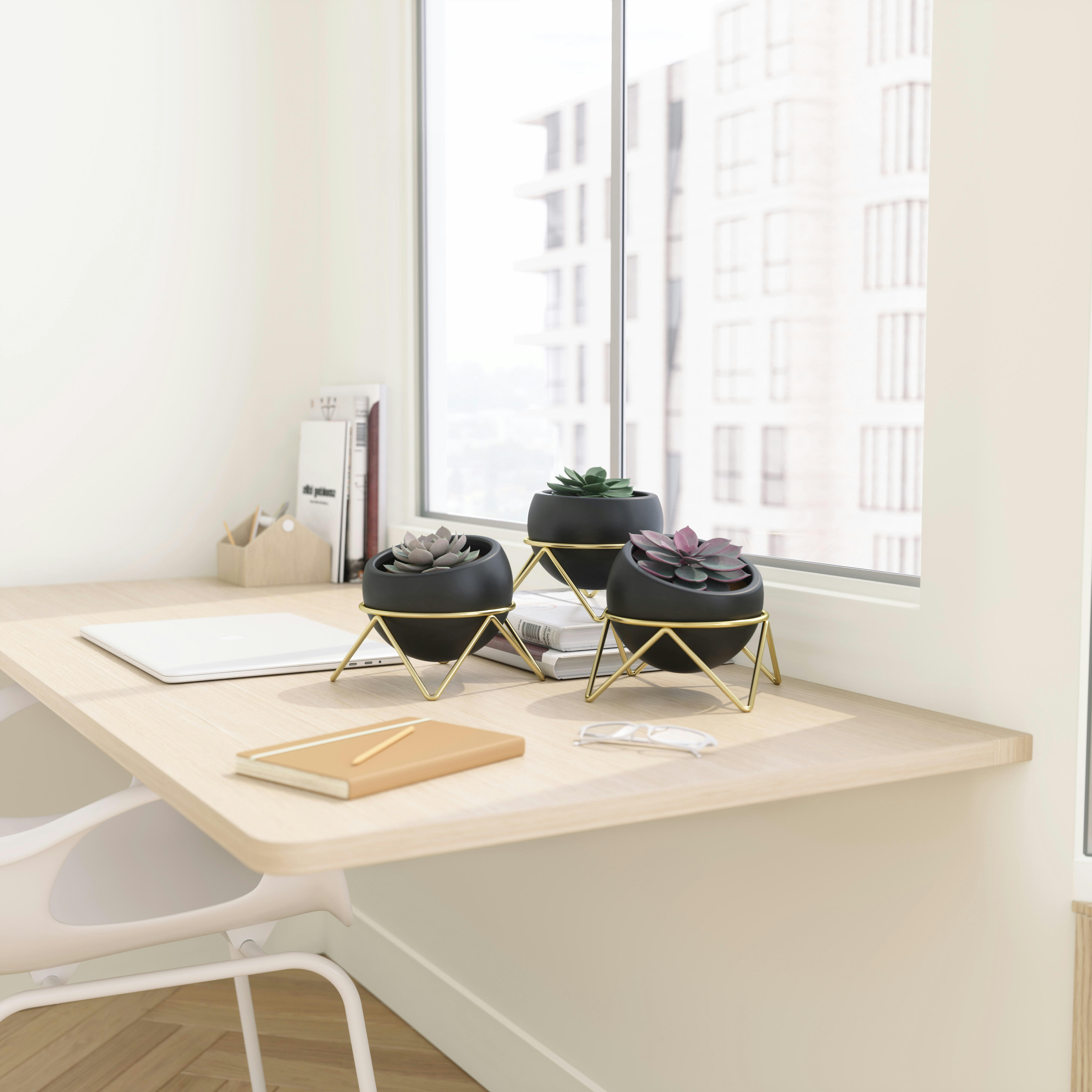 POTSY - Lot de 3 pots de fleurs ronds, céramique, D15cm noir et doré