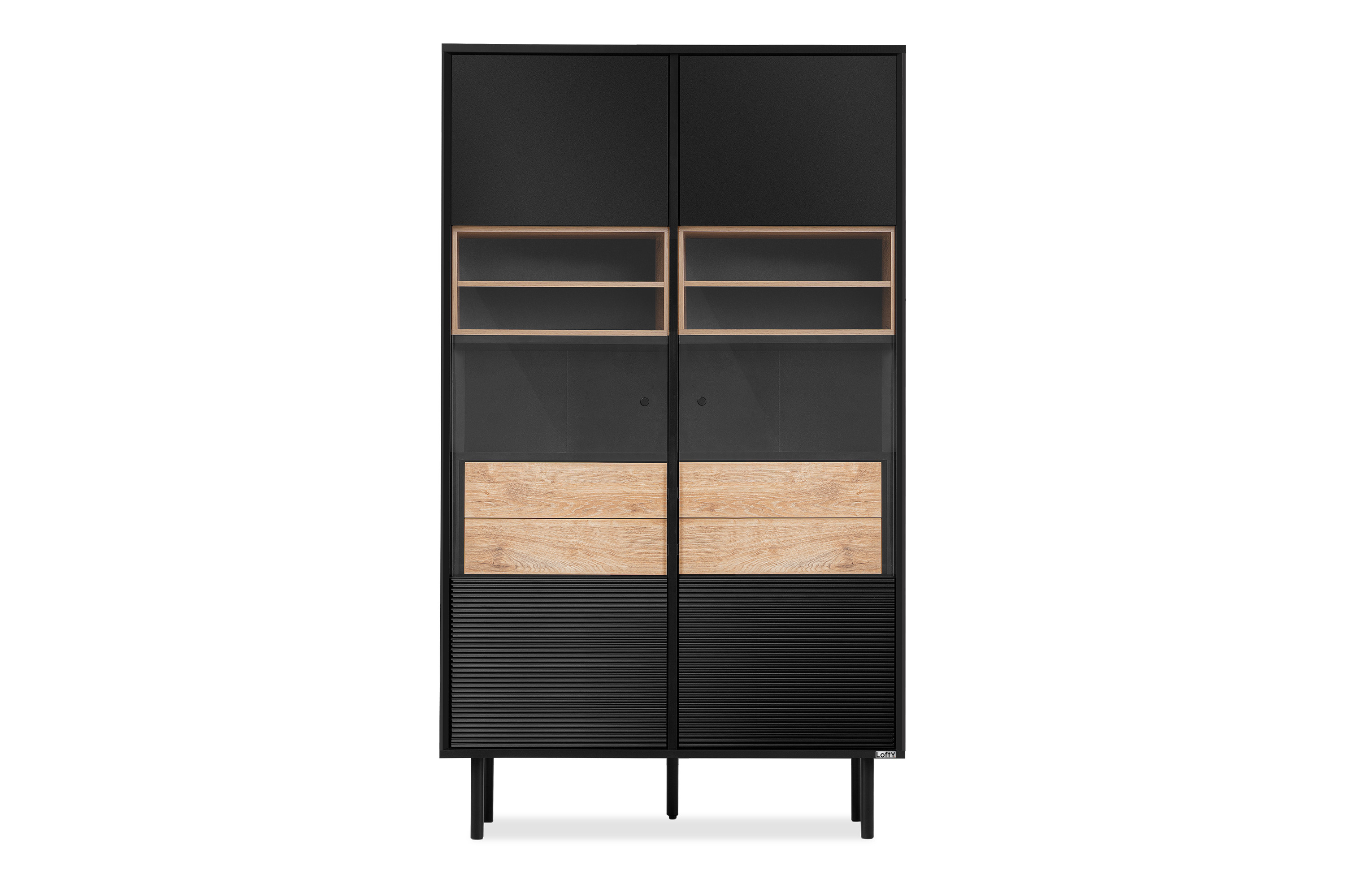KONSIMO LOFTY Witryna w stylu loft z szufladami i dębowymi półkami