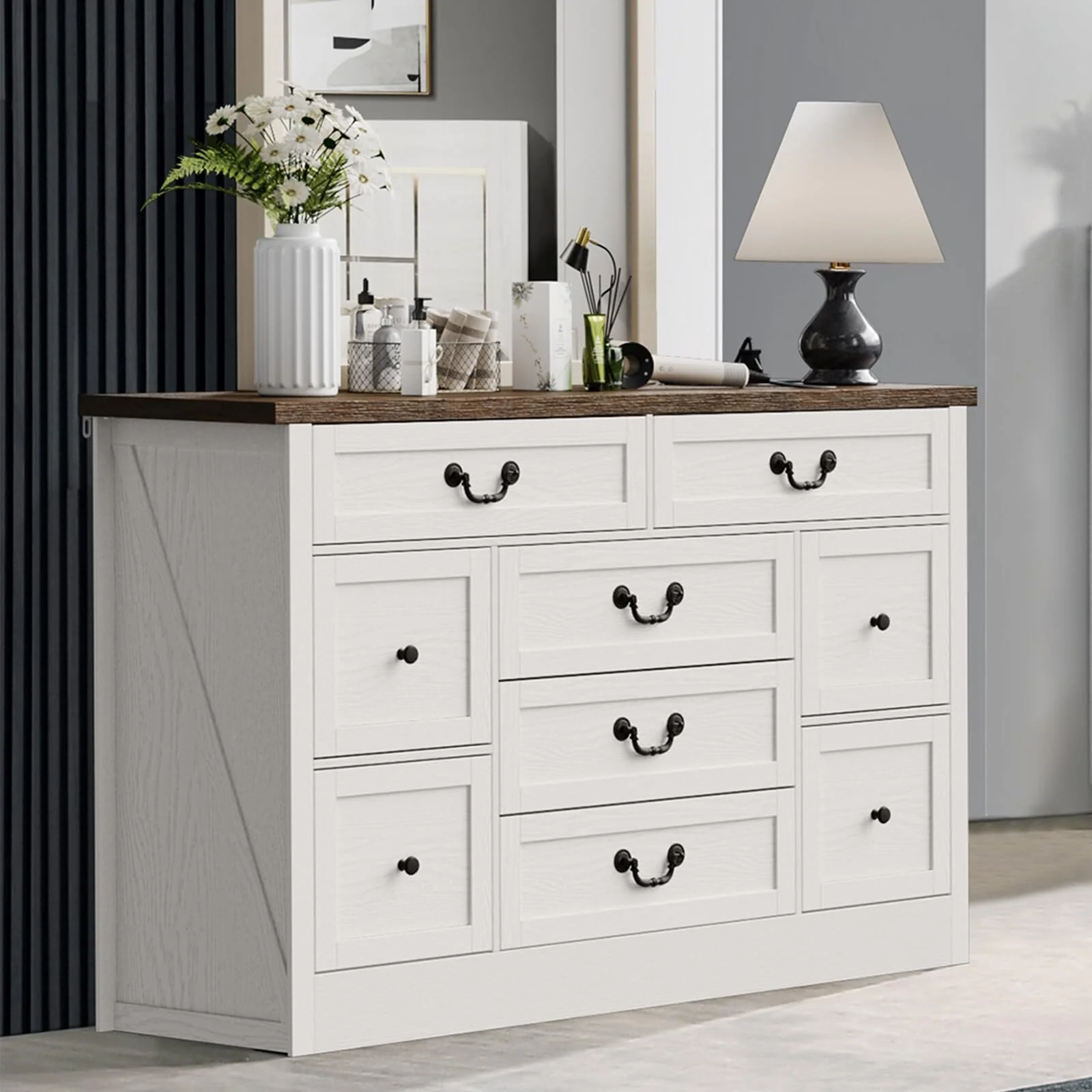 54 Farmhouse 9 Drawer Dresser with Charging Station, Wide Wood Dresser, Vintage Dressers TV Stand