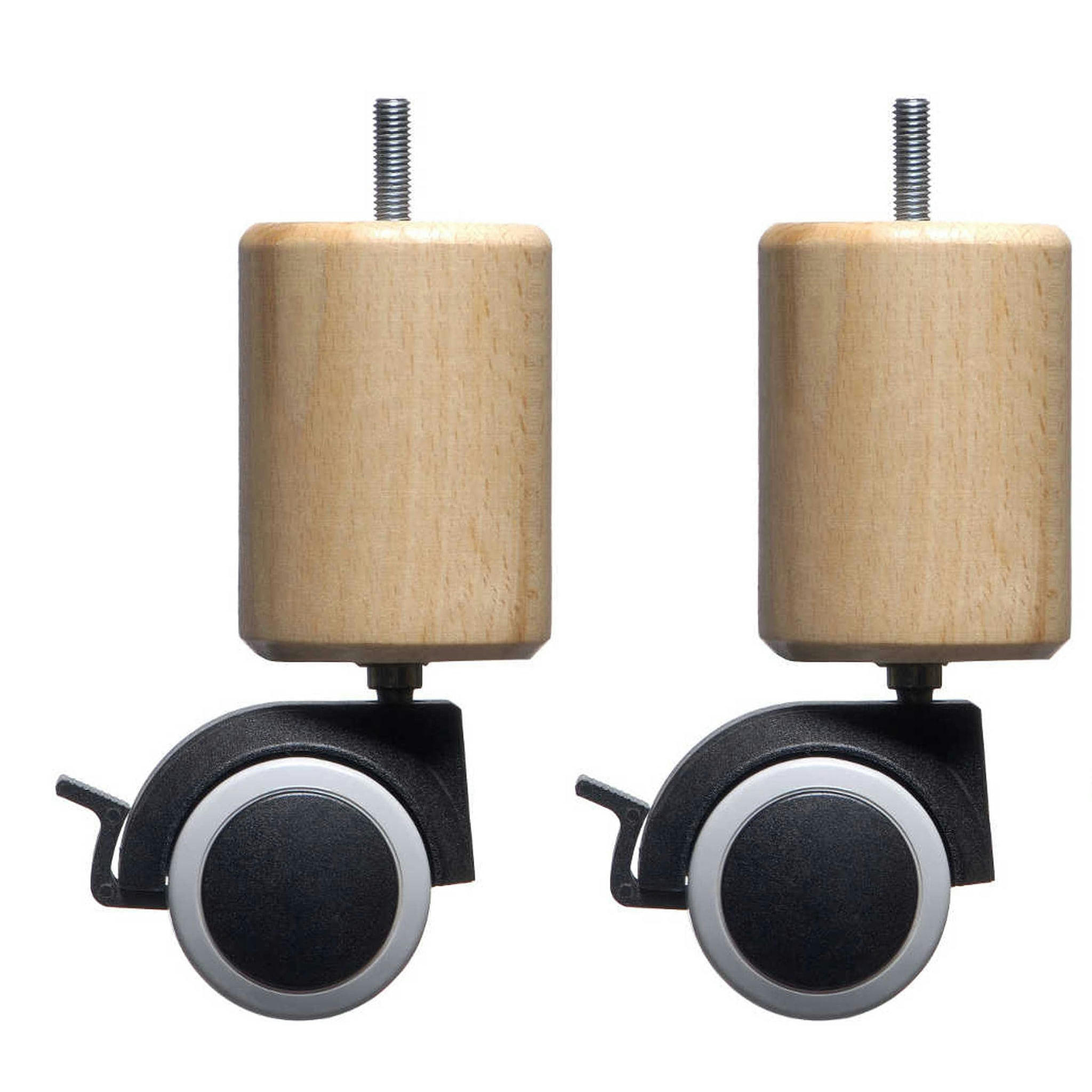 - 4 pieds cylindriques bois naturel à roulette pivotante et frein 15 cm