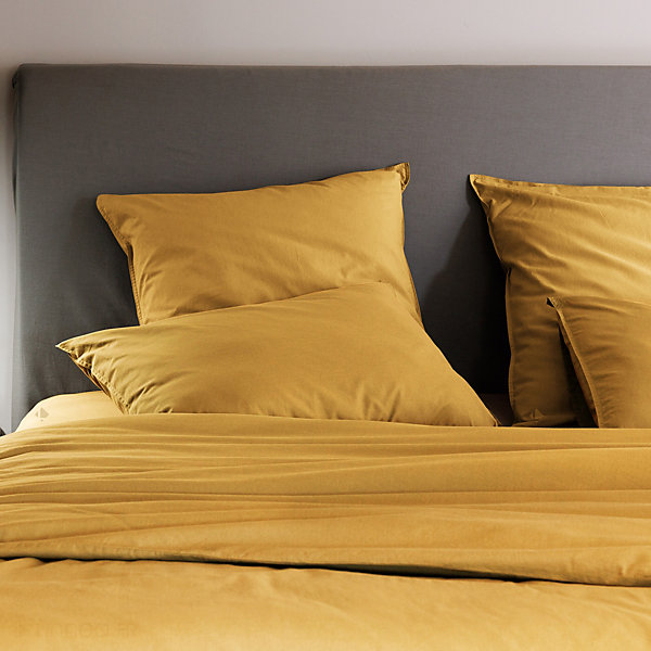 Drap housse PALACE pur coton lavé 140x190 cm bonnet 35 cm uni jaune curry
