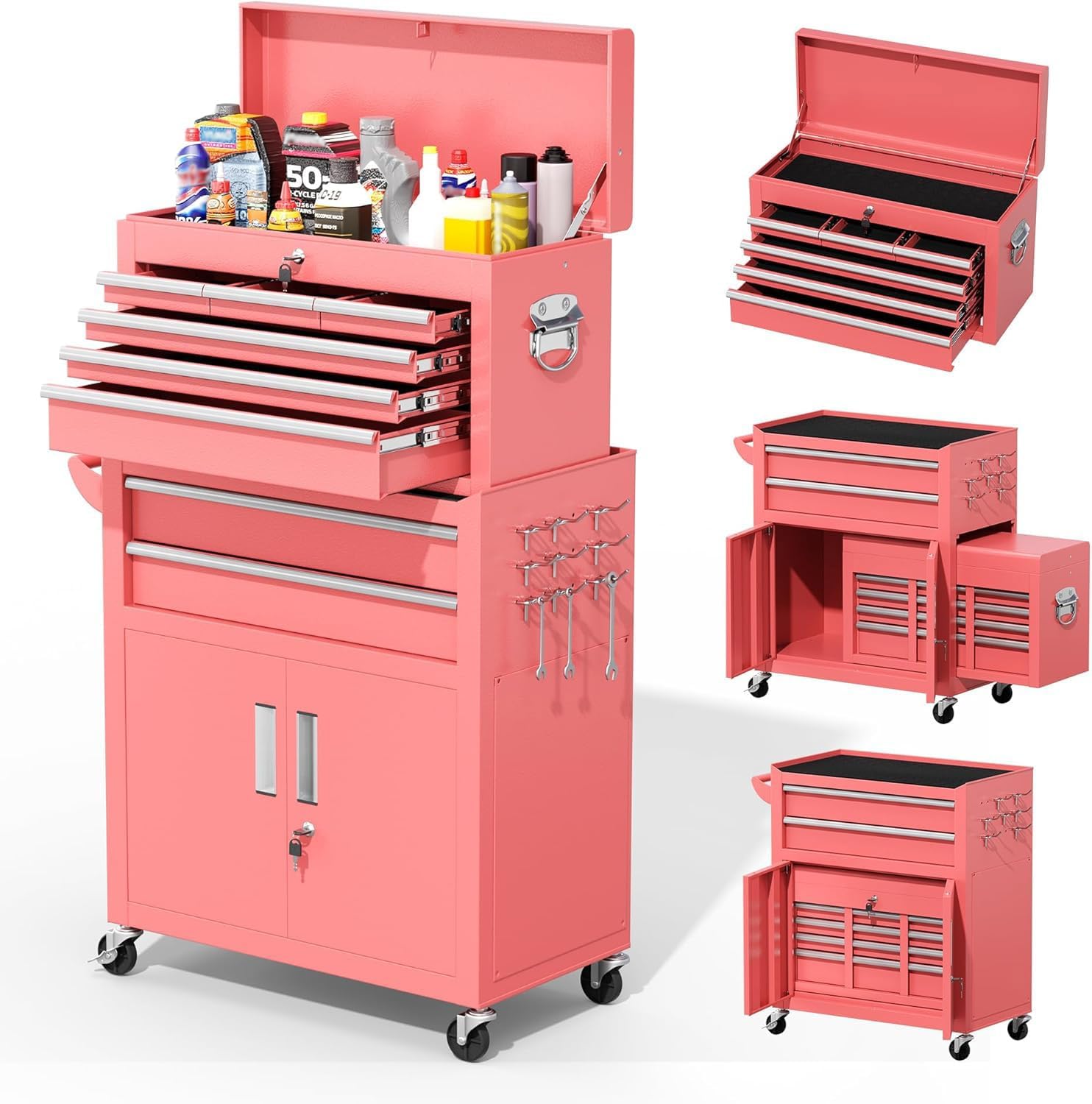 Greenvelly Tool Chest, 8-Drawer Rolling Tool Chest with Wheels, Detachable Top Tool Box, Assembled Tool Chest with Liner & Hooks, Rolling Tool Box for Garage, Workshop, Warehouse, Pink