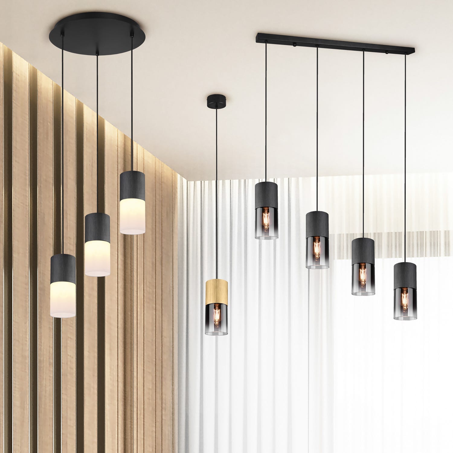 Lampadario 4 luci con paralumi fumé Robin Trio