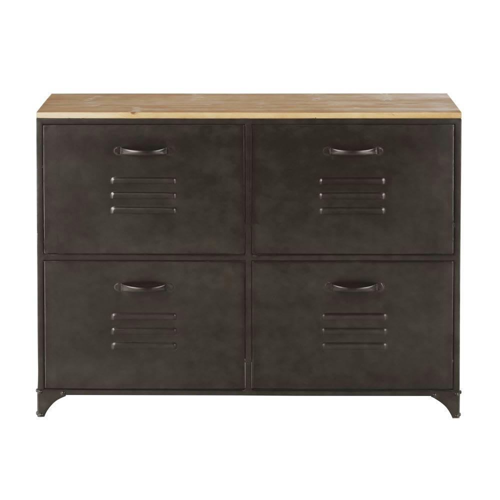 Wayne - Meuble à chaussures 4 portes en métal gris et bois de sapin massif