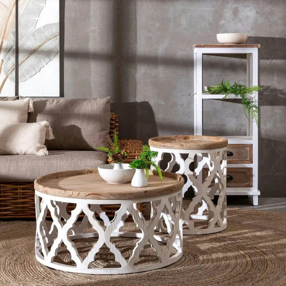 ROUNDY - Table basse ronde en bois blanc patiné D 50