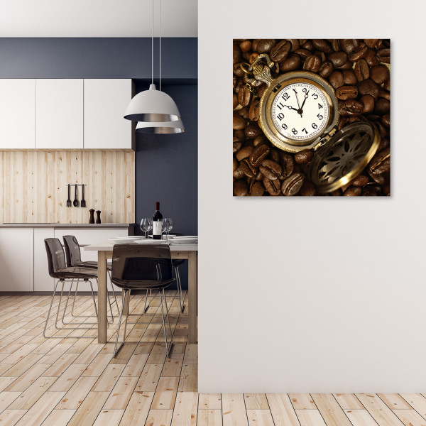 Feeby Obraz na płótnie Zegarek i ziarna kawy fioletowy 30x30