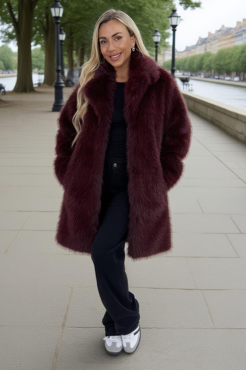 AX Paris Burgundy Faux Fur Longline Jacket