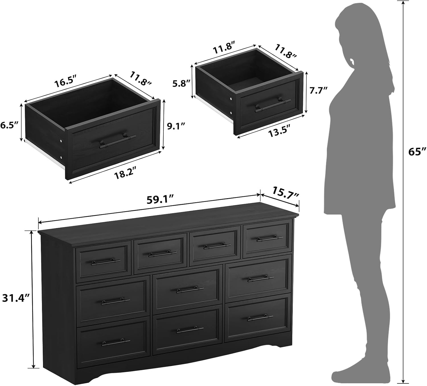 Black Dresser for Bedroom, 10 Drawer Dresser, 59 Wide Chest of Drawers w/Brushed Metal Handle, Wood Dressers TV Stand, Closet Organizers and Storage Cabinet for Bedroom, Living Room, Hallway