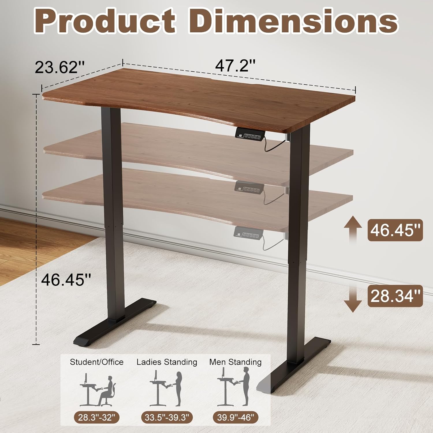 Solid Wood Electric Standing Desk 47x23.6Home Office Desk,Adjustable Workbench with 3 Stages Dual Motor, Computer Workstation with T-Shaped Metal Bracket,Walnut Standing Table for Gaming Room(1 Box)