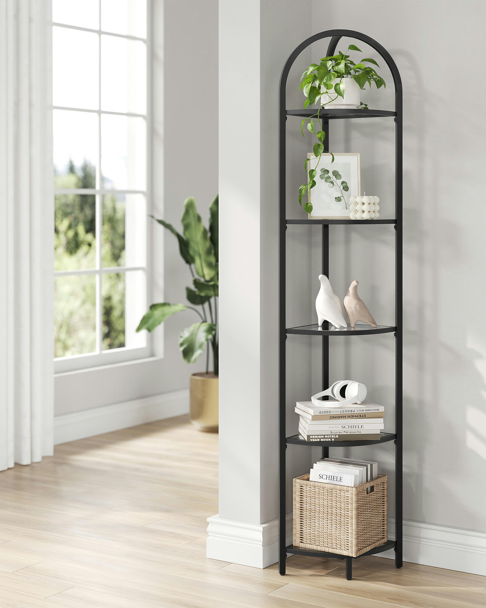 - Étagère 5 niveaux style moderne verre acier transparent noir