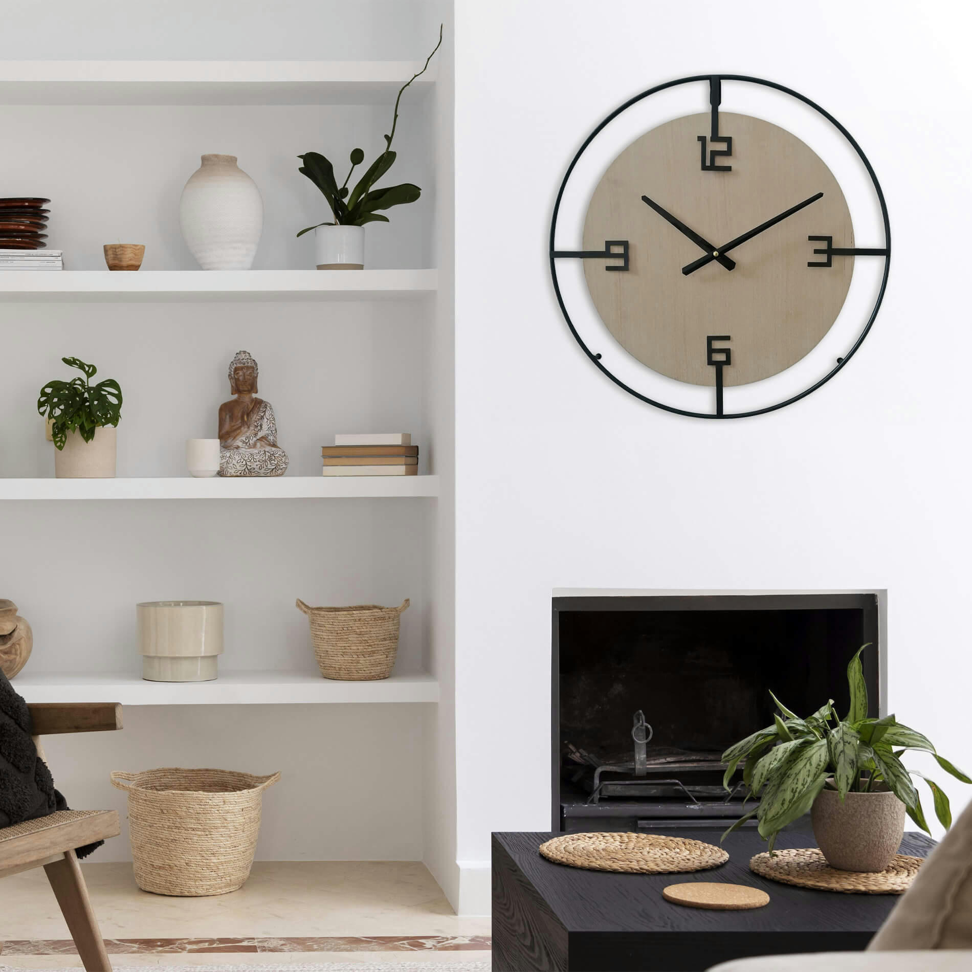 - Horloge murale grande en MDF et métal noire et brune Ø 50 cm