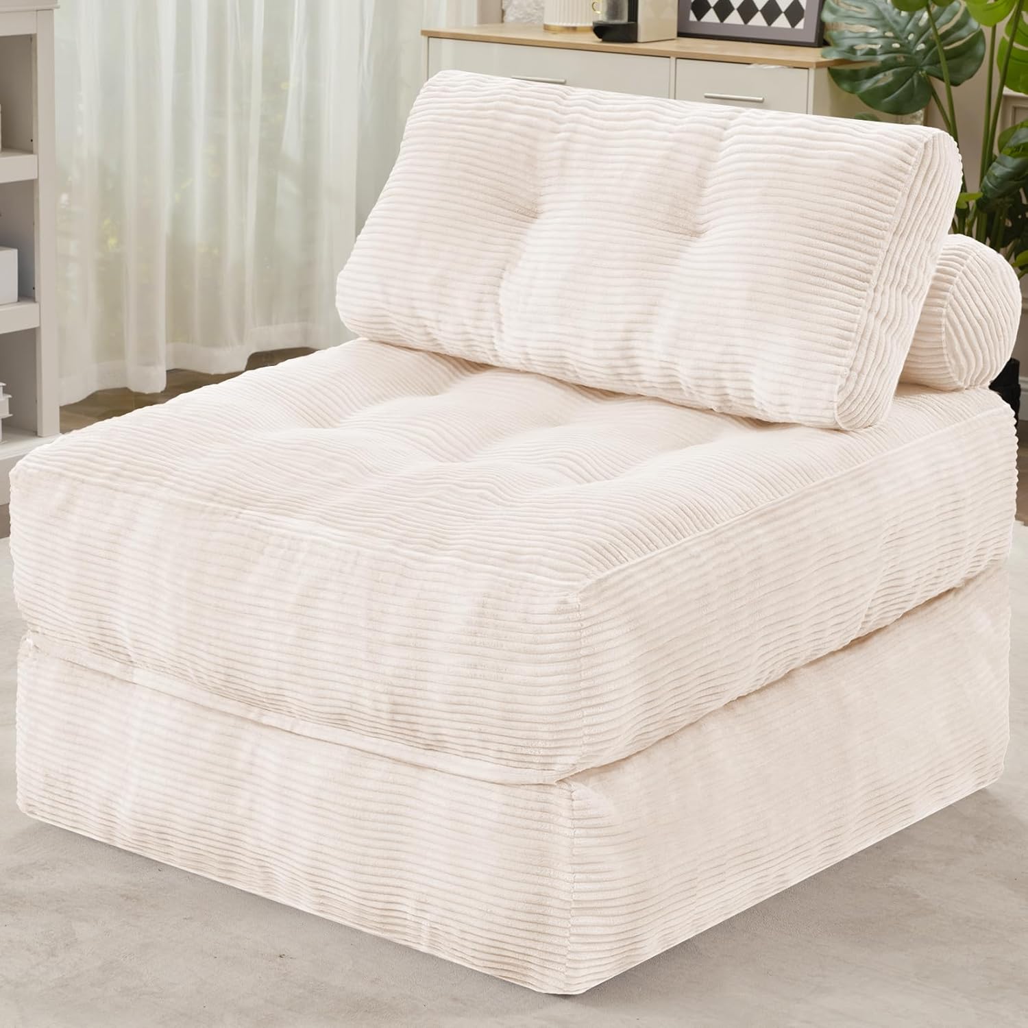 HABUTWAY Folding Sofa Bed, Convertible Sleeper Chair Bed w/Dual-Pillow & Handle, Foldable Floor Sofa Lounge w/Back Support for Living Room, Bedroom, Apartment, Office, Single, Beige