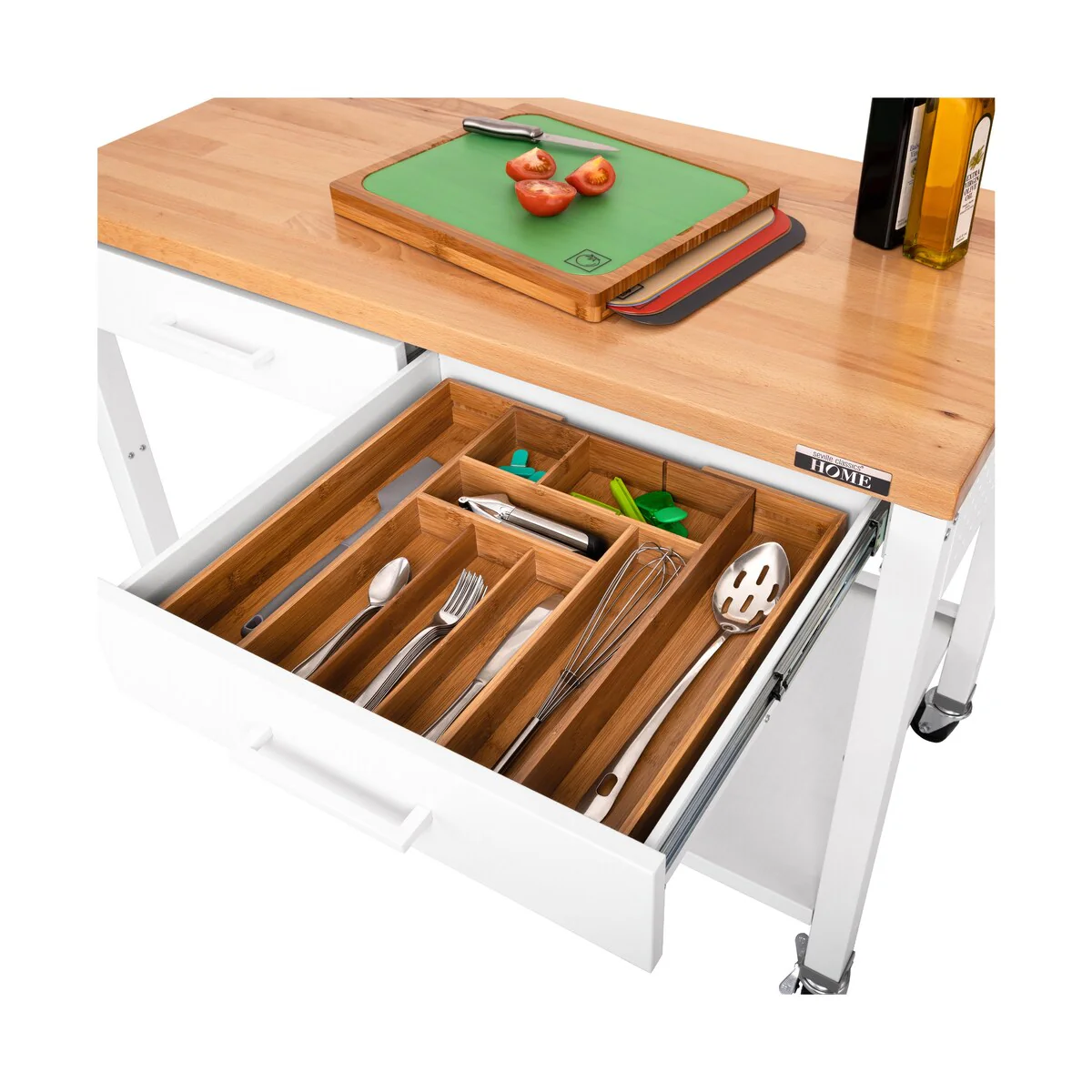 Seville Classics HOME Work Center Island Table with Solid Wood Top, 48 W x 24 D x 36 H, White