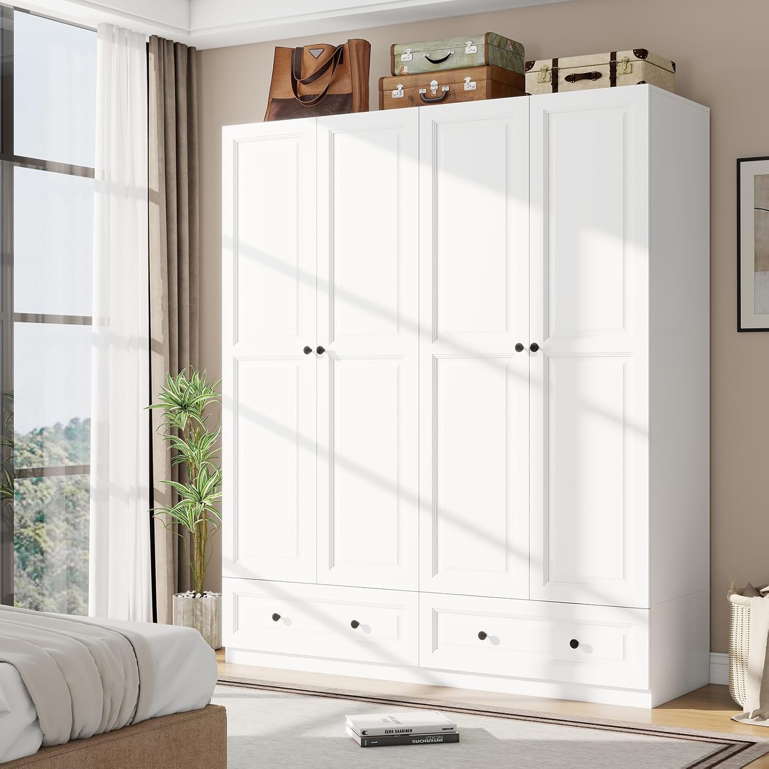 Armoire Wardrobe Closet with Drawers: 74 White Tall Wooden Wardrobe Closet for Hanging Clothes, Large Bedroom Armoires with 2 Drawers, 4 Door Armoire Storage Cabinet (White, 63)