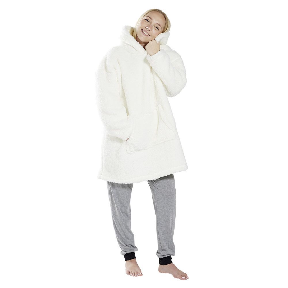 Pull plaid adulte polaire à capuche - beige ou blanc