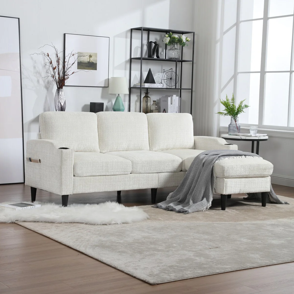 Modern L-Shaped Free-Combined Modular Sofa Couch With Storage Ottoman,Pillows,Cup Holders,Side Pockets, 3 Seat