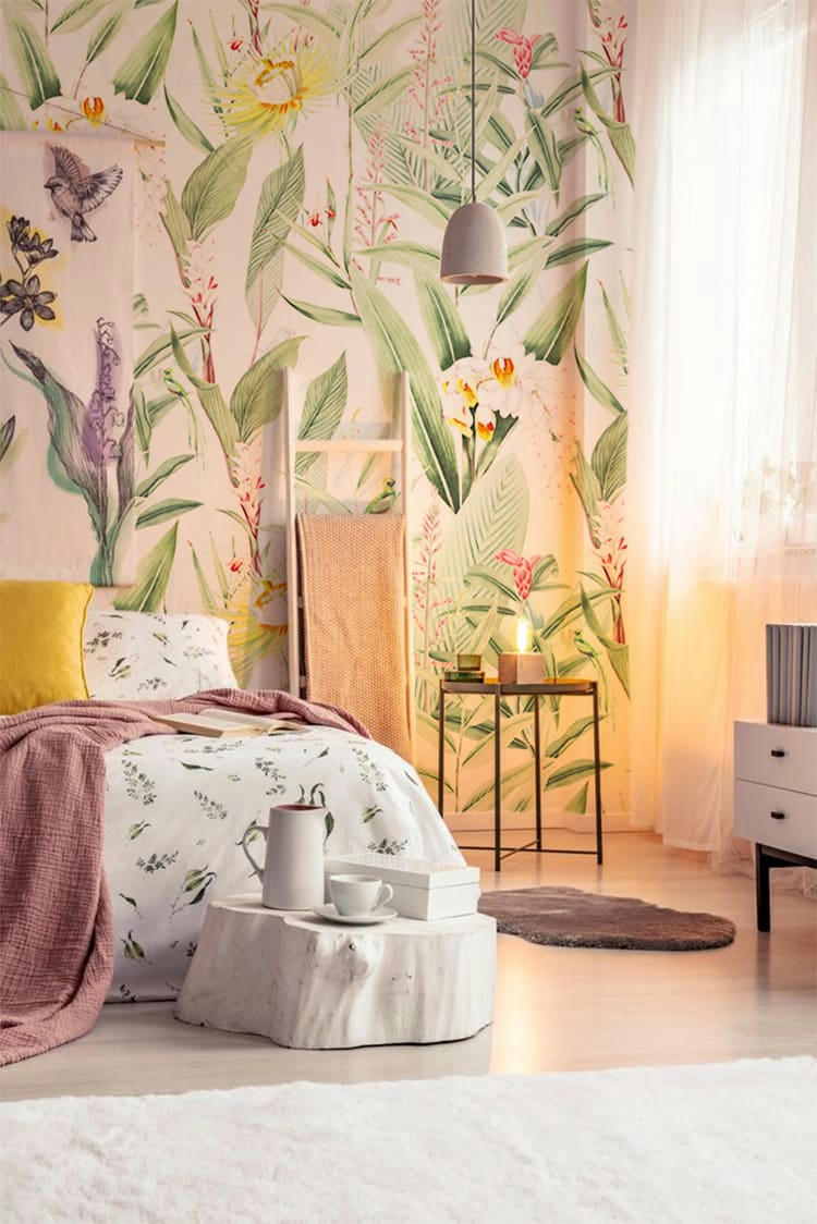 - Papier peint panoramique motifs fleurs jardin tropical blanc 425x260cm