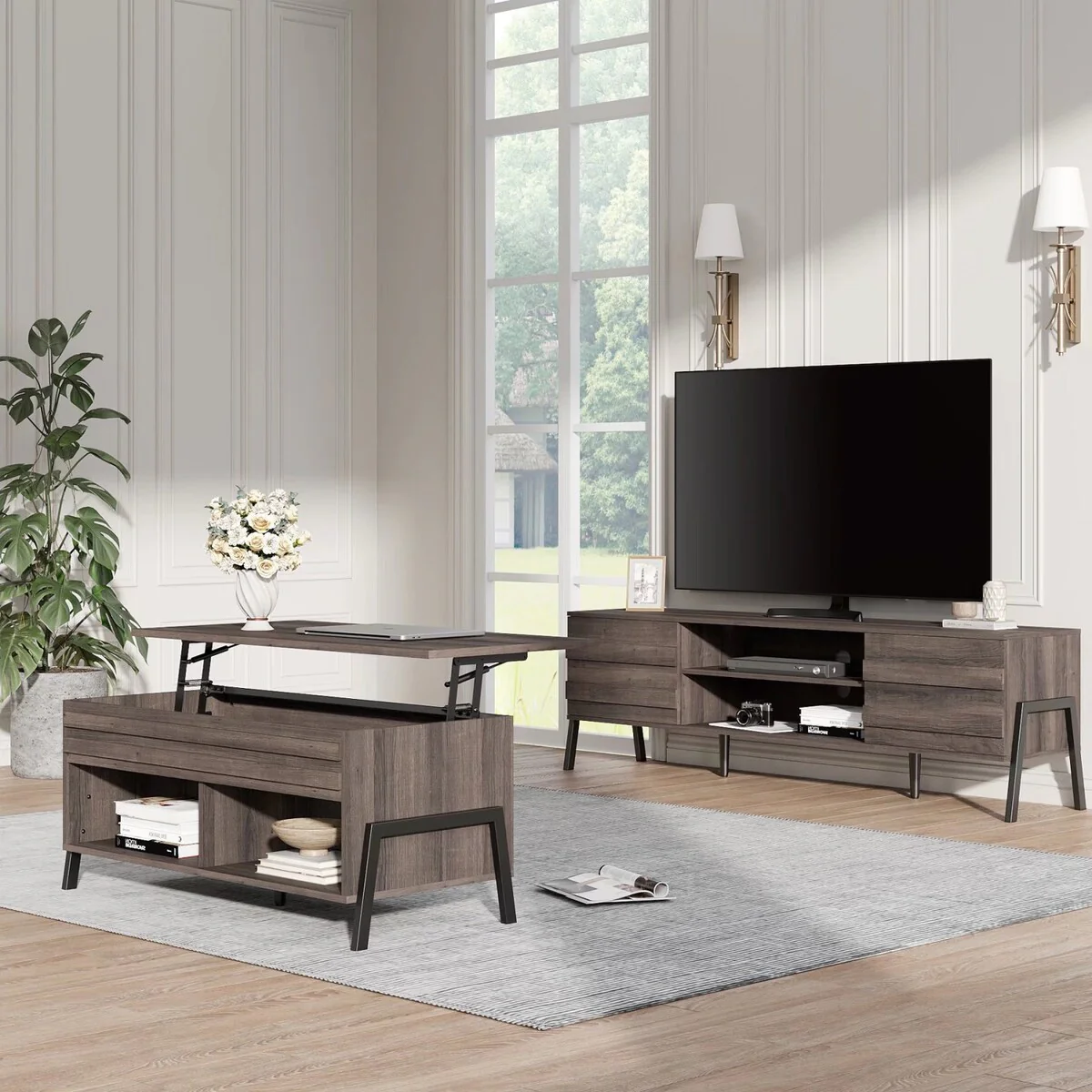 Mid-Century TV Stand for 65/75 TV & Lift Top Coffee Table Set, Brown