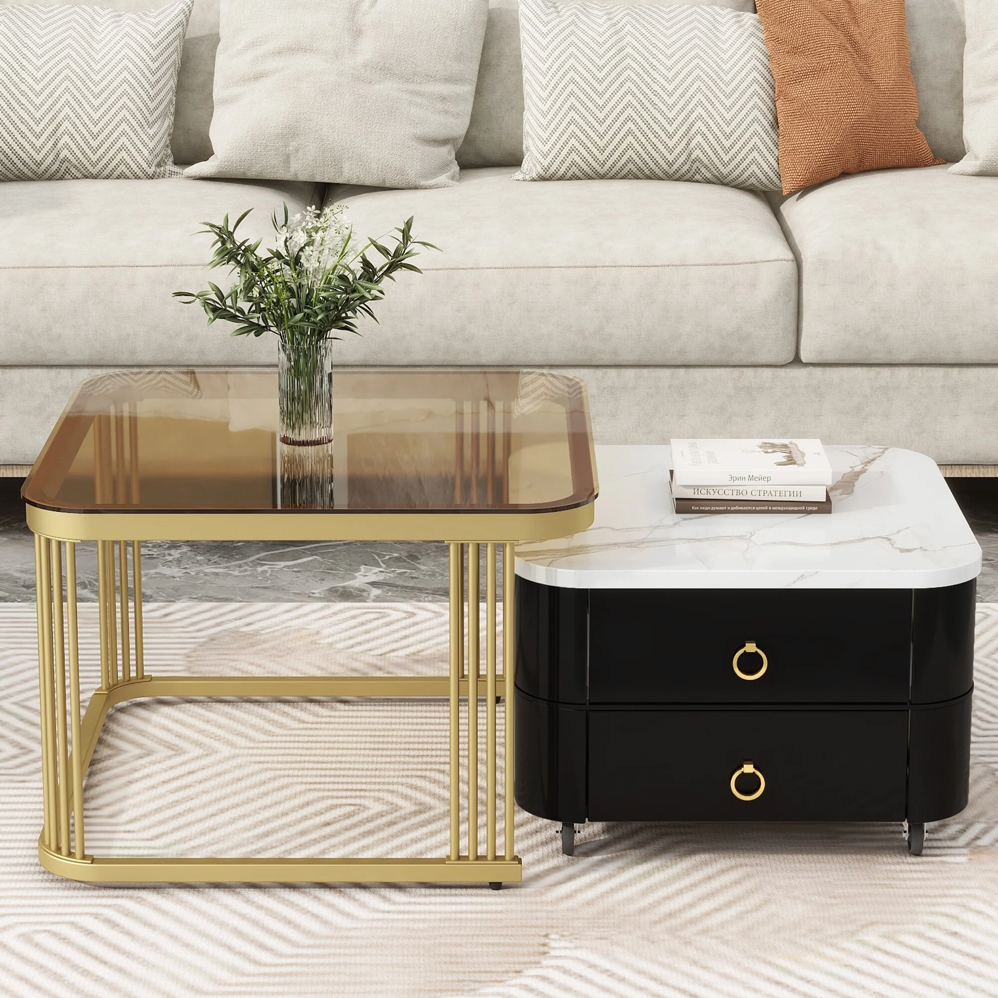 2-in-1 Square Nesting Coffee Table with Wheels & Storage Drawers, Gloss Top Stackable Side Table, End Table Set for Living Room