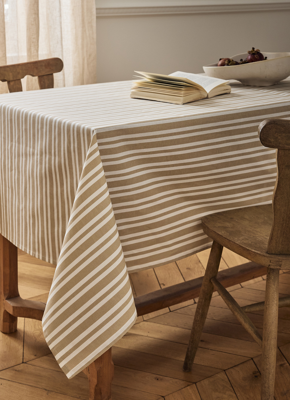NAPPE EN COTON ENDUITE IMPRIMÉ RAYÉ BEIGE