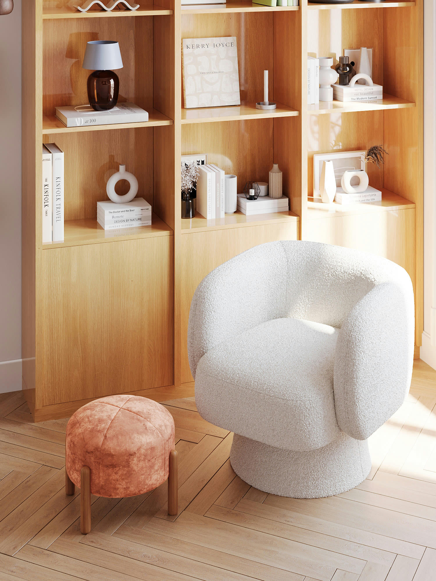 CAMELIA - Pouf rond en velours ocre & bois
