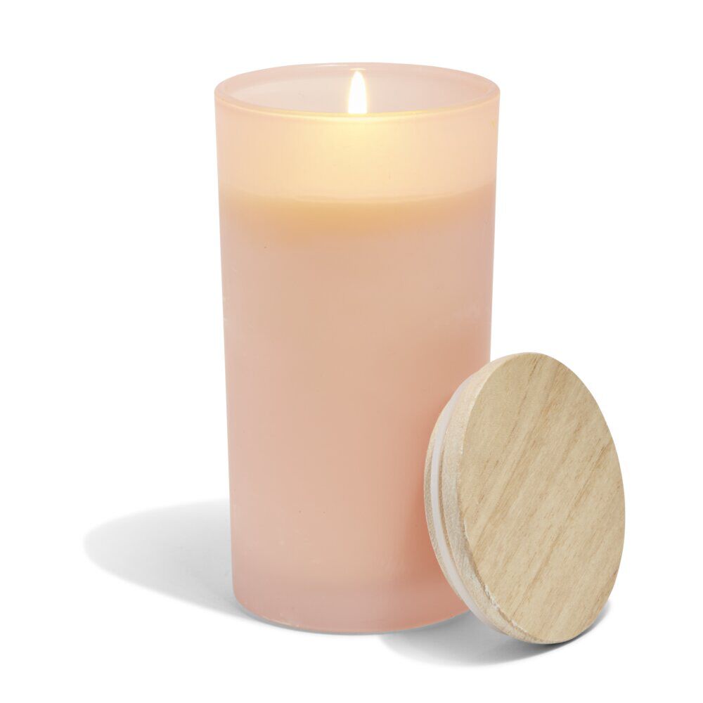 Bougie citronnelle couvercle bois verre rose Ø8xH15cm