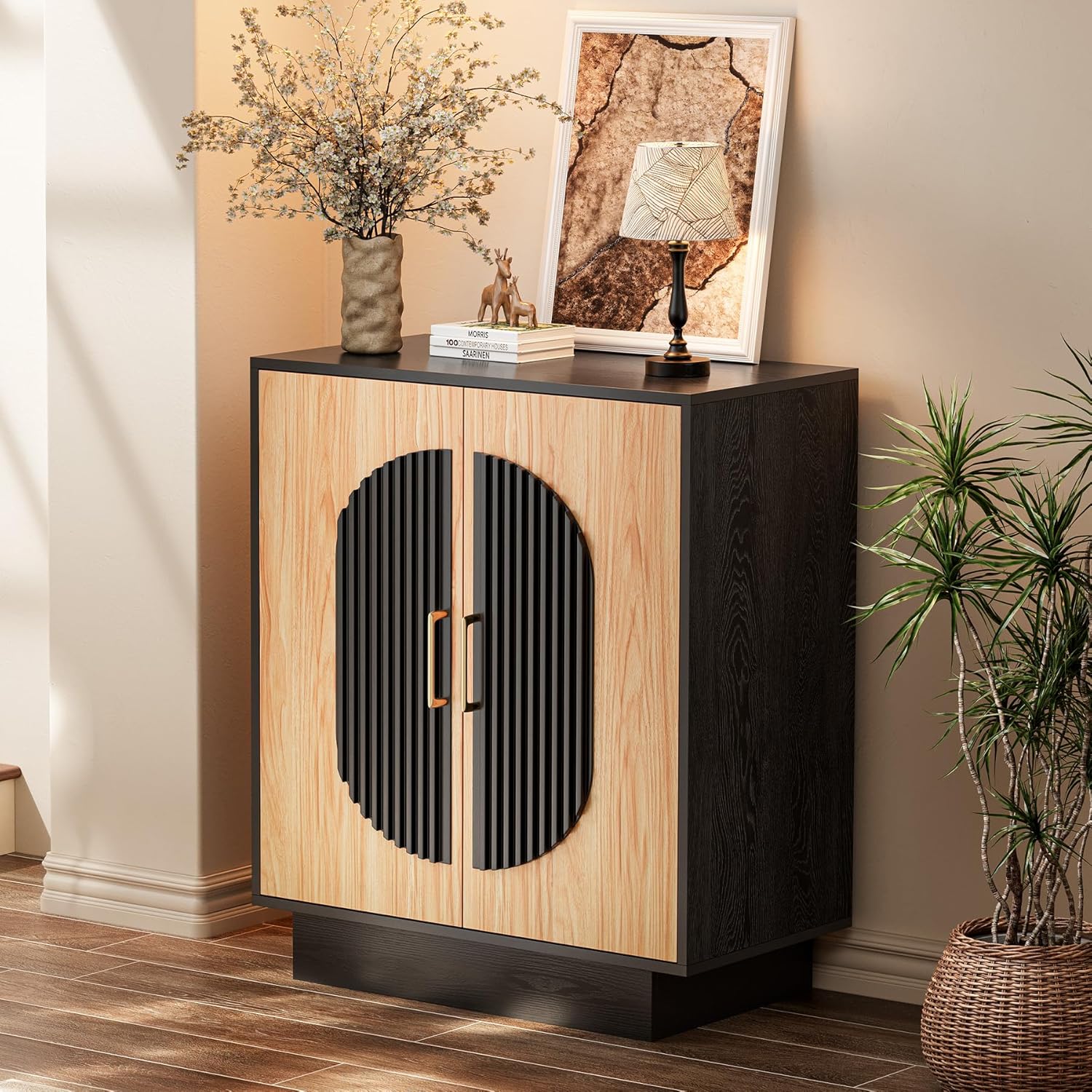 29 Fluted Modular Buffet Cabinet with Arched Doors & Gold Handles, Mid Century Modern Sideboard Credenza Storage with Adjustable Shelves, Wood Coffee Bar Console Table for Dining Living Room