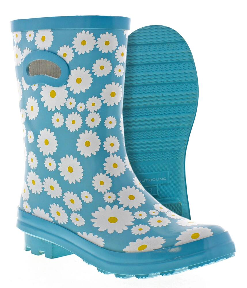 Outbound Youth Waterproof Flower Rubber Boots with Pull-On Handles, Light Blue