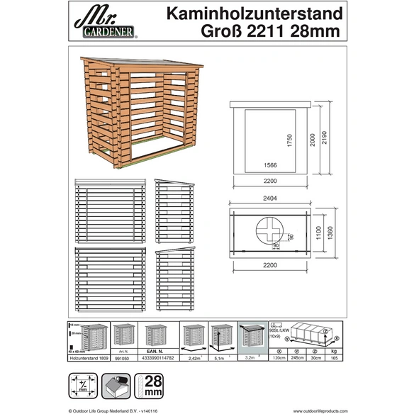 Kaminholzunterstand, BxHxL: 220 x 219 x 110 cm, natur