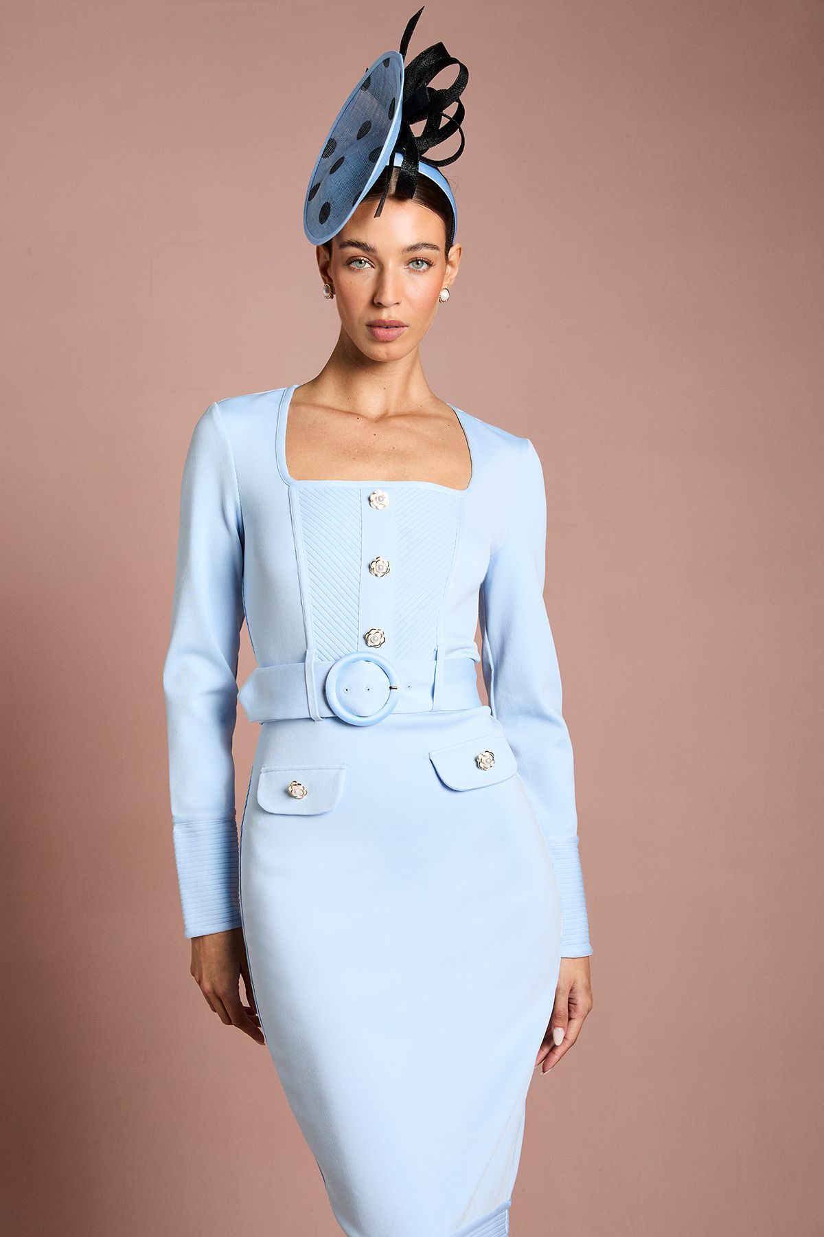 Coast Lisa Tan Long Sleeve Square Neck Belted Bandage Pencil Dress