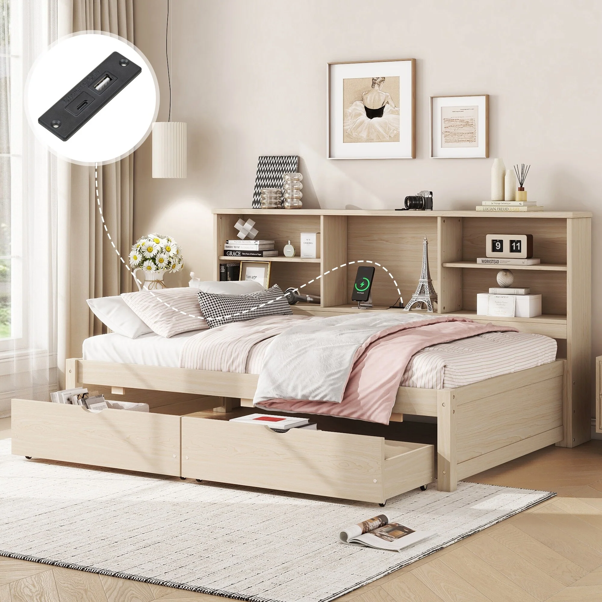Kids Bookcase Bed Storage Daybed Twin Size Platform Bed with Built-in Convenient Charging Station, Drawers and Shelves