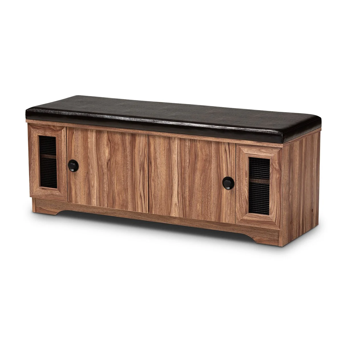 Valina Modern and Contemporary Dark Brown Faux Leather Upholstered 2-Door Wood Shoe Storage Bench with Screen Inserts