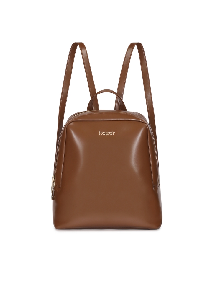 Minimalist brown backpack with gold hardware