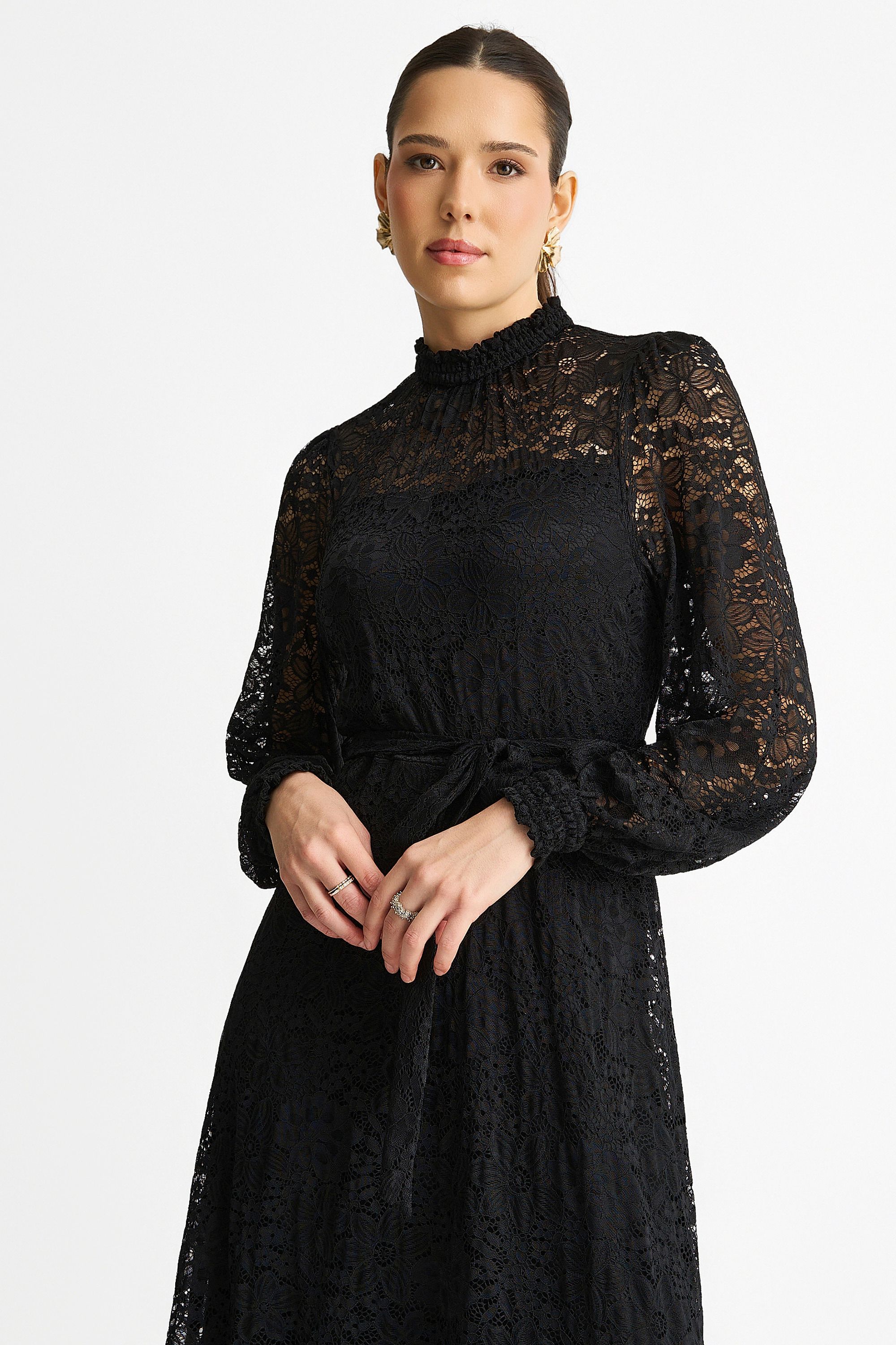 Gini London Black High Neck Jersey Lace Occasion Midi Dress