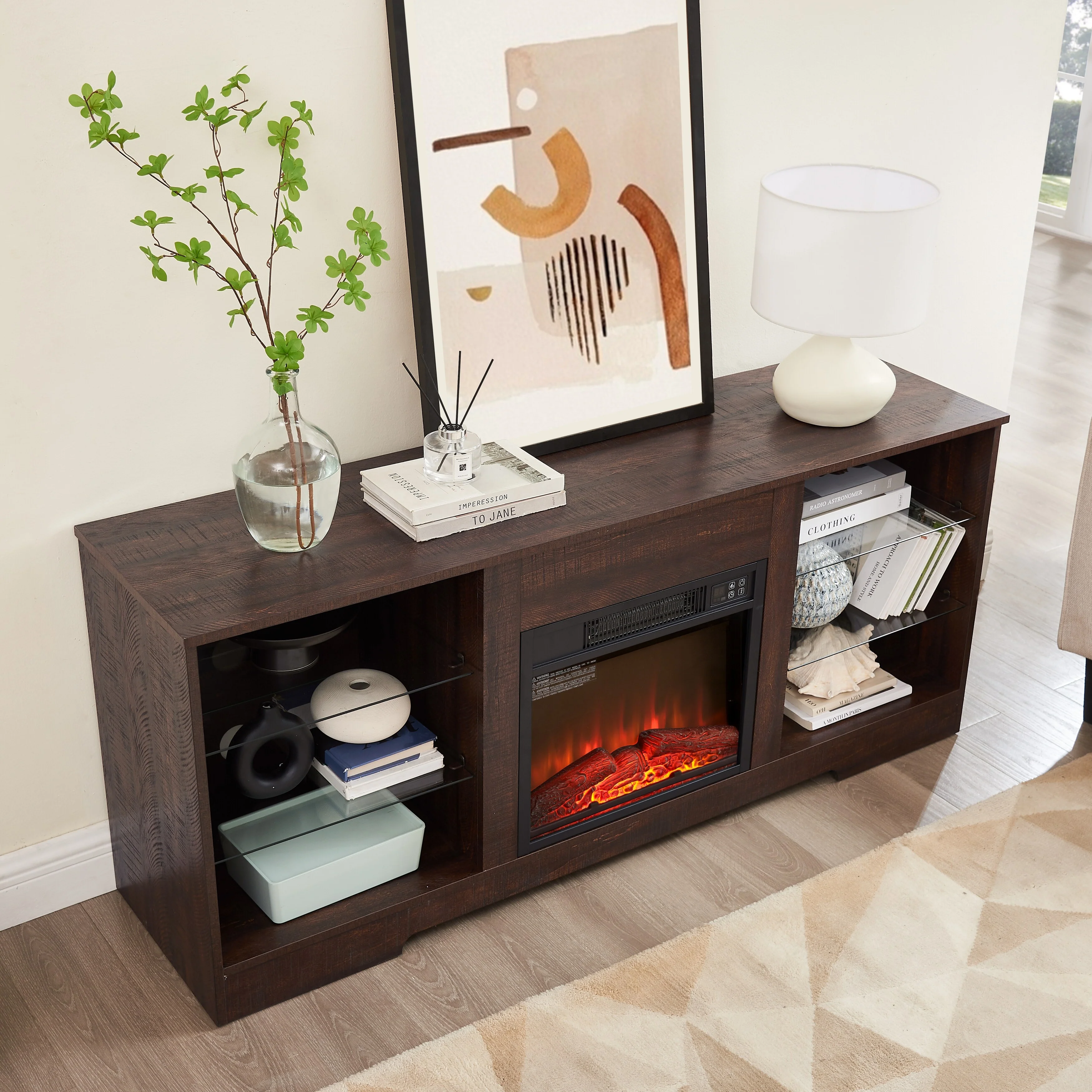 Espresso 58 Fireplace TV Stand with Glass Shelves, LED Lights and USB Charging Outlet for TVs Up to 62