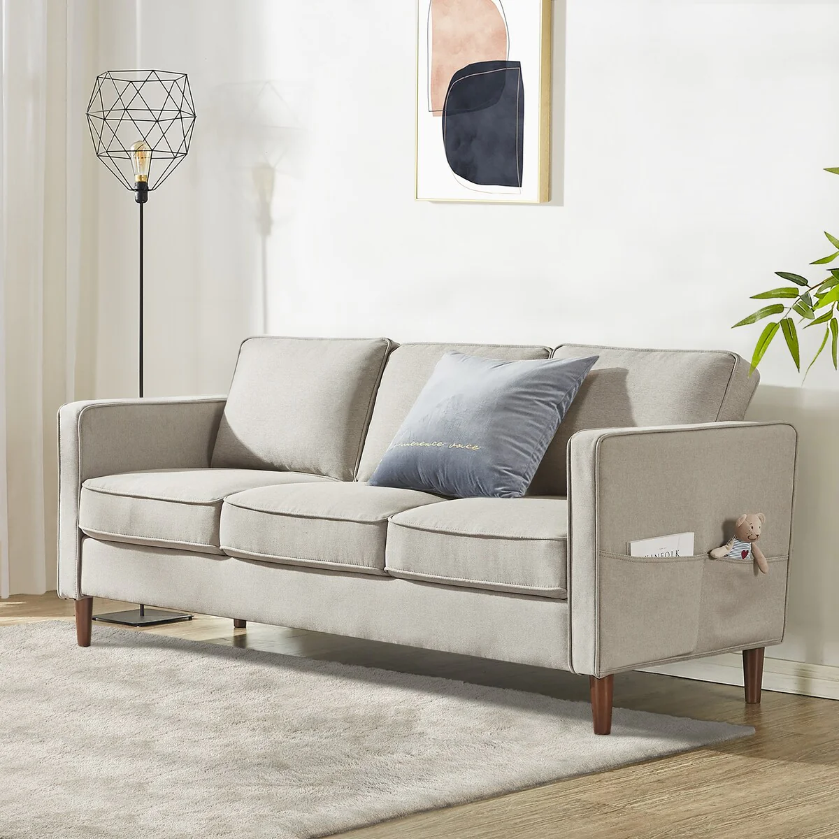HANA Modern Linen Sofa w/ Arm Pockets by Crown Comfort