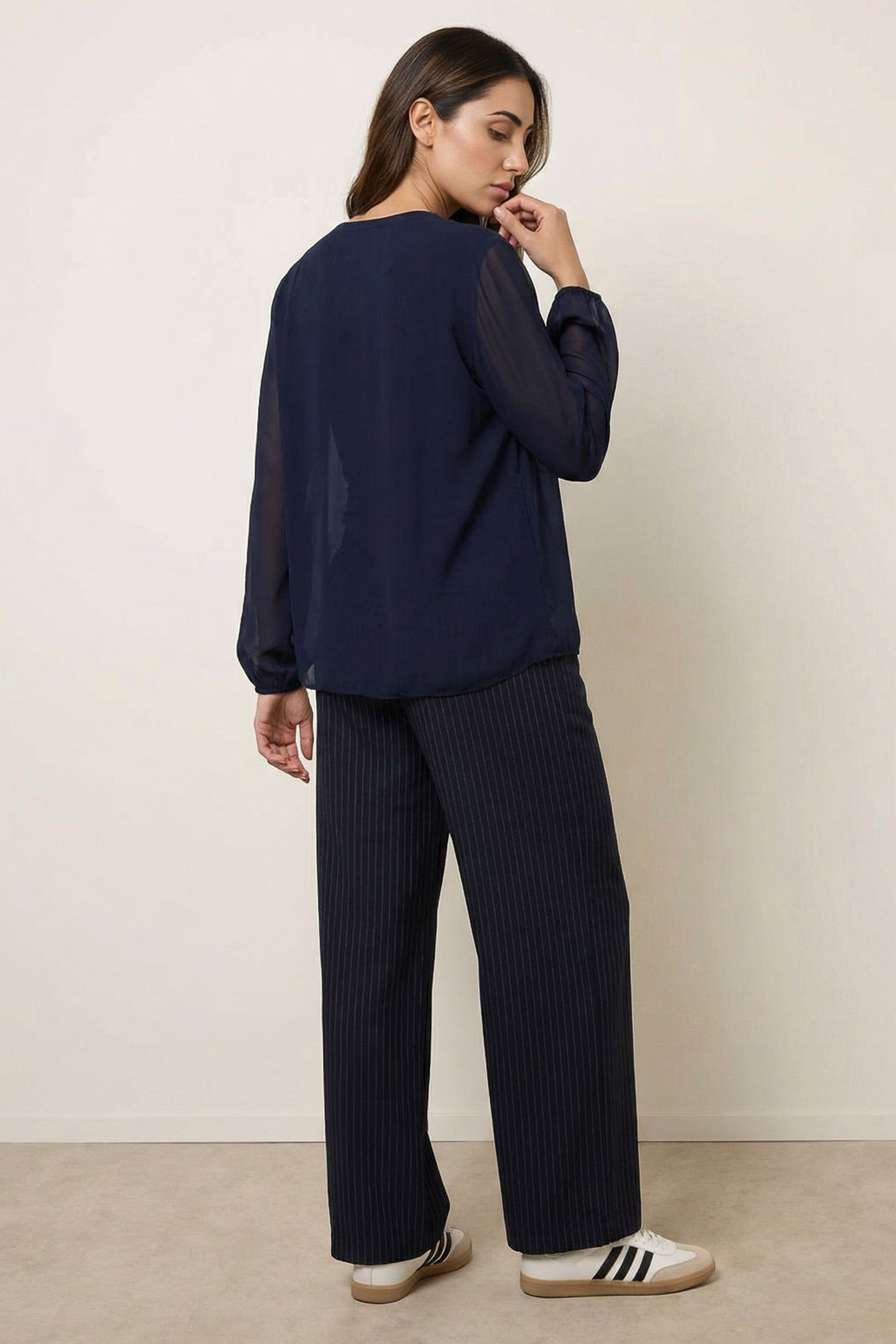 Blue Vanilla Navy Long Sleeve Pleated Top
