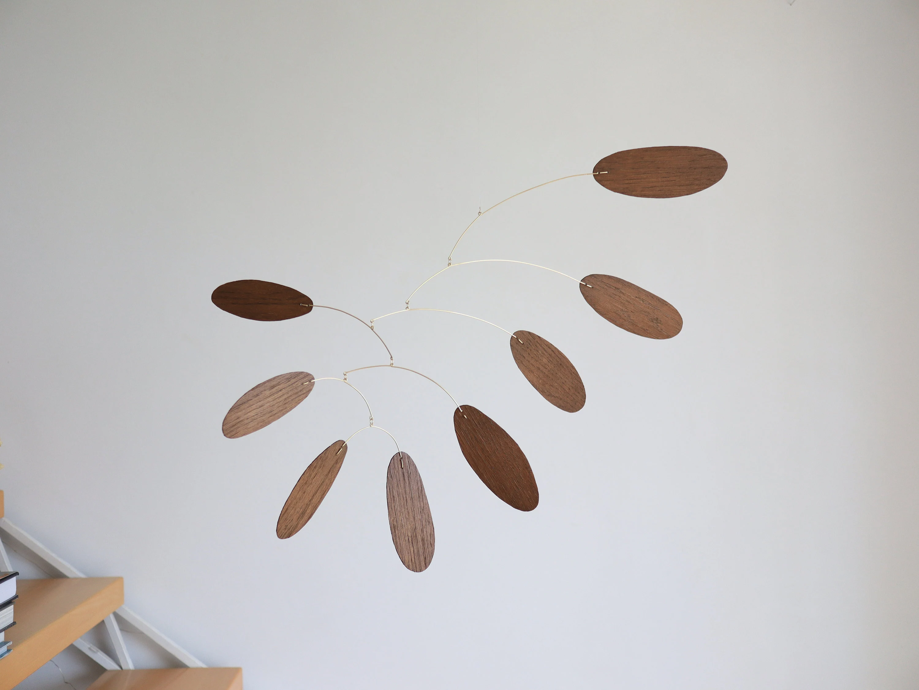 Wood kinetic mobile. Mid-century modern hanging sculpture. Minimalist art decor