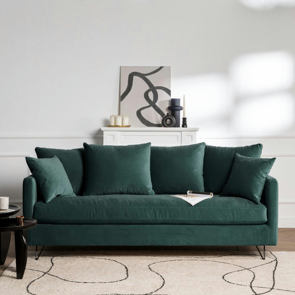 VILLABON - Canapé convertible 3 places en velours pieds épingles noirs vert eucal