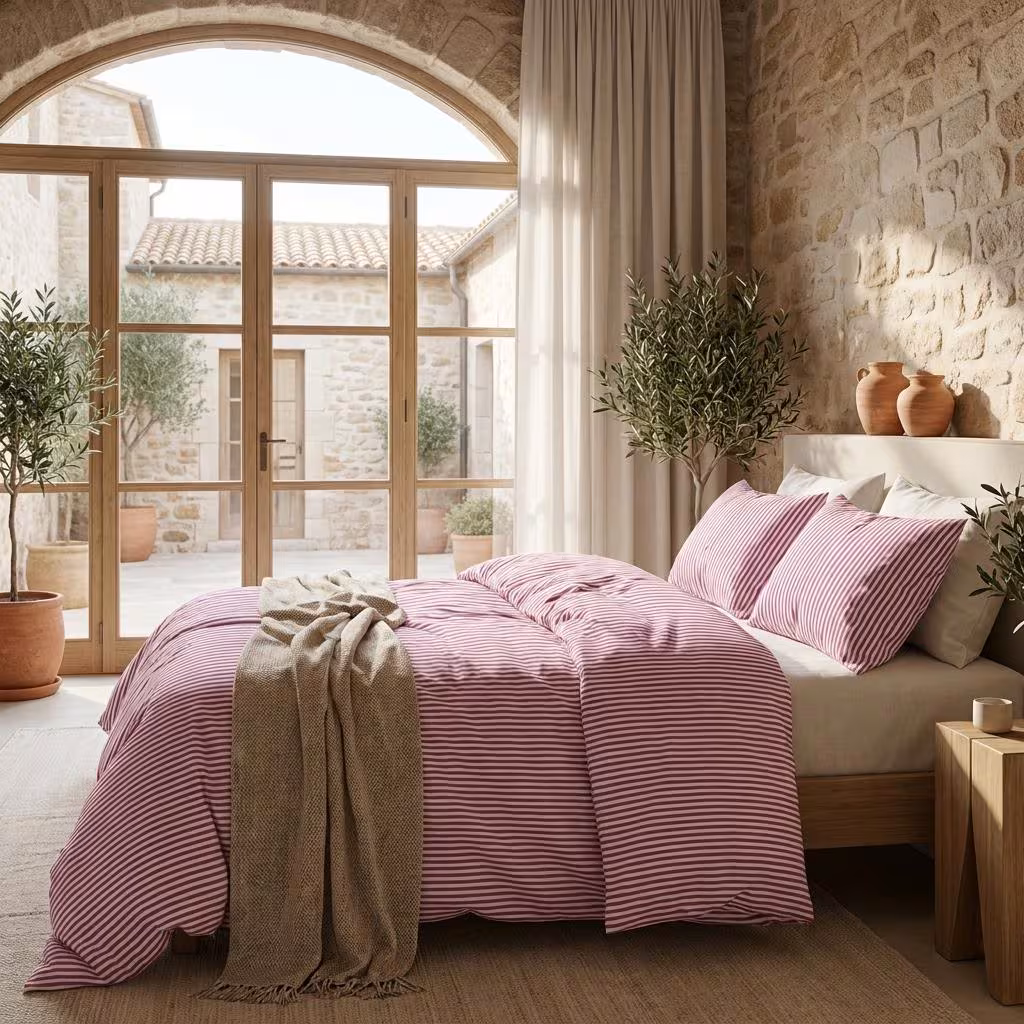 Organic Cotton Duvet Cover Set with Included Pillow Cases, Fuchsia Pink Stripe Soft Cotton Bedding Set