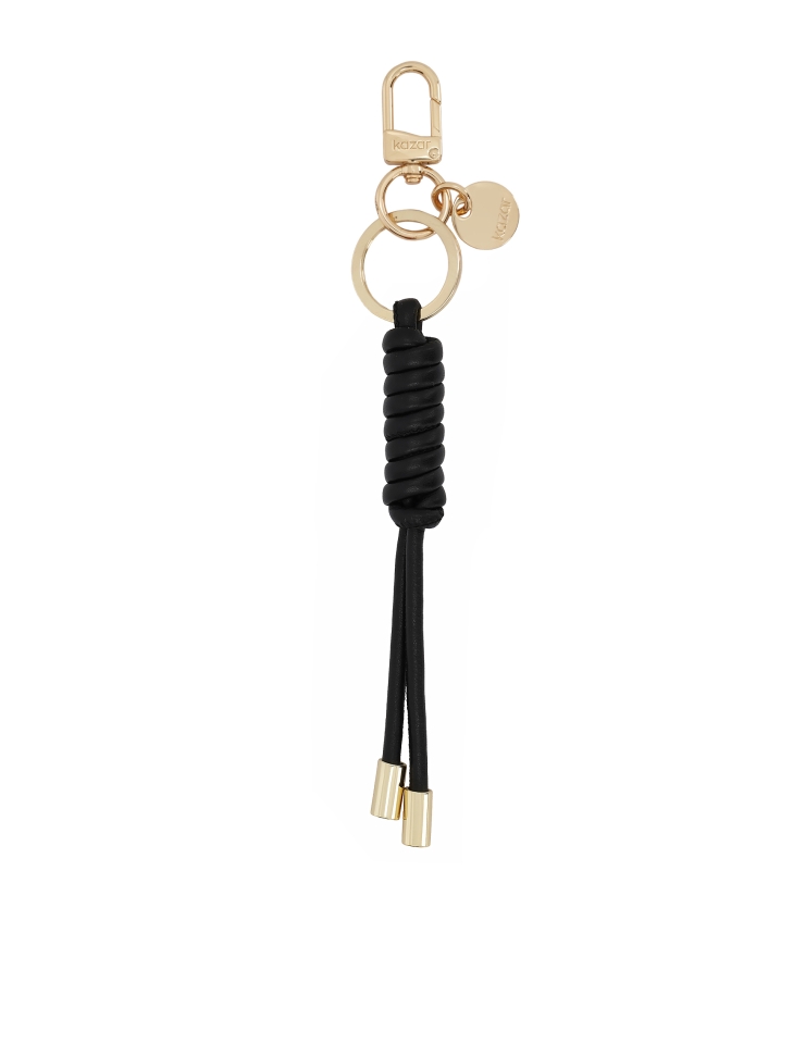Black natural leather key ring with gold details