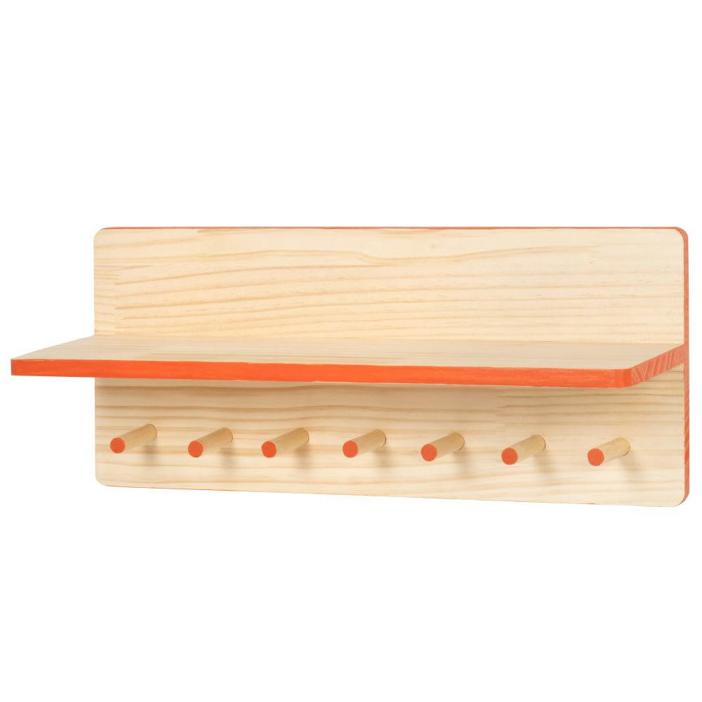 SILAS - Etagère murale en bois de pin à crochets orange