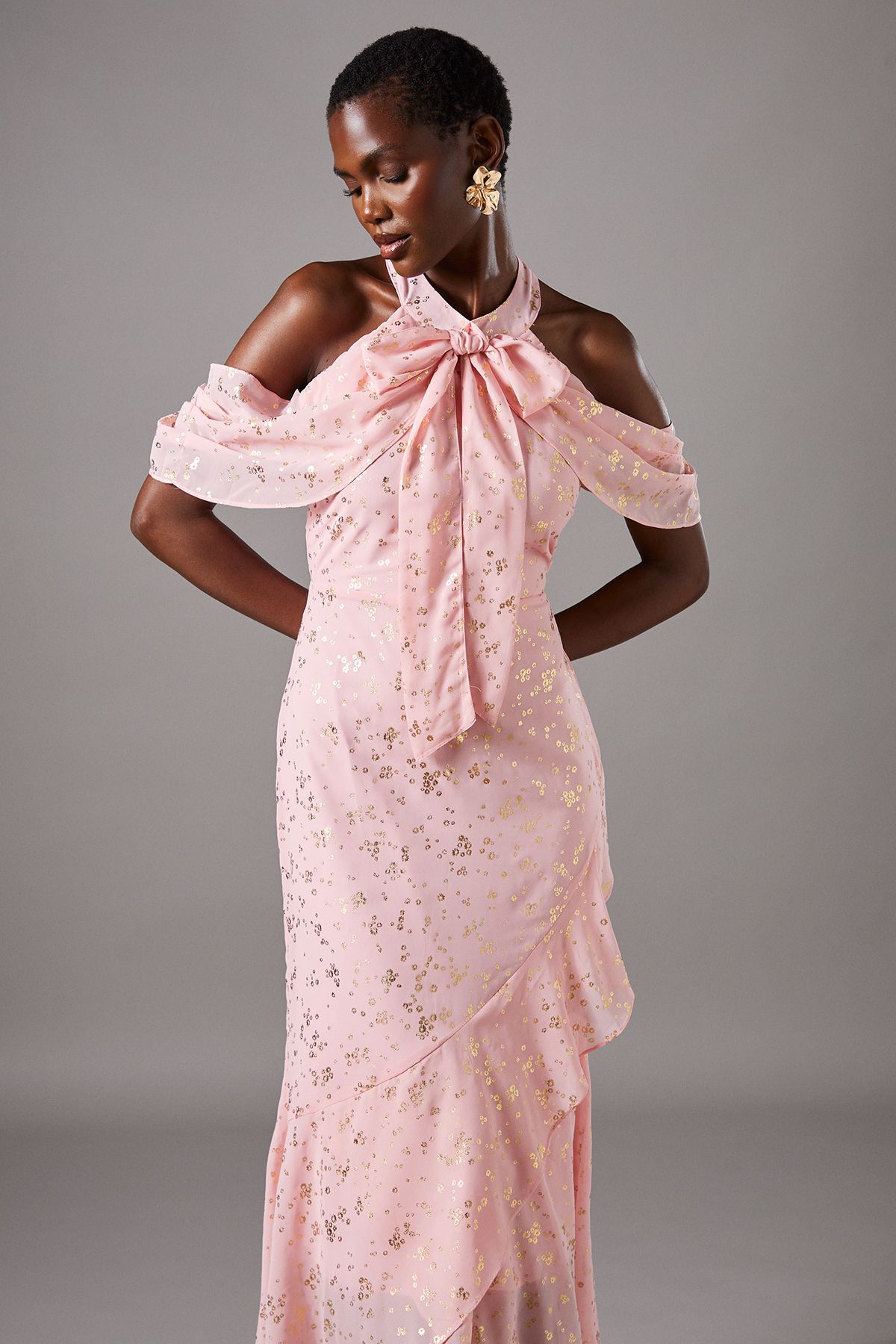 Coast Cold Shoulder Jacquard Midi Dress With Wrap Skirt And Tie Neck