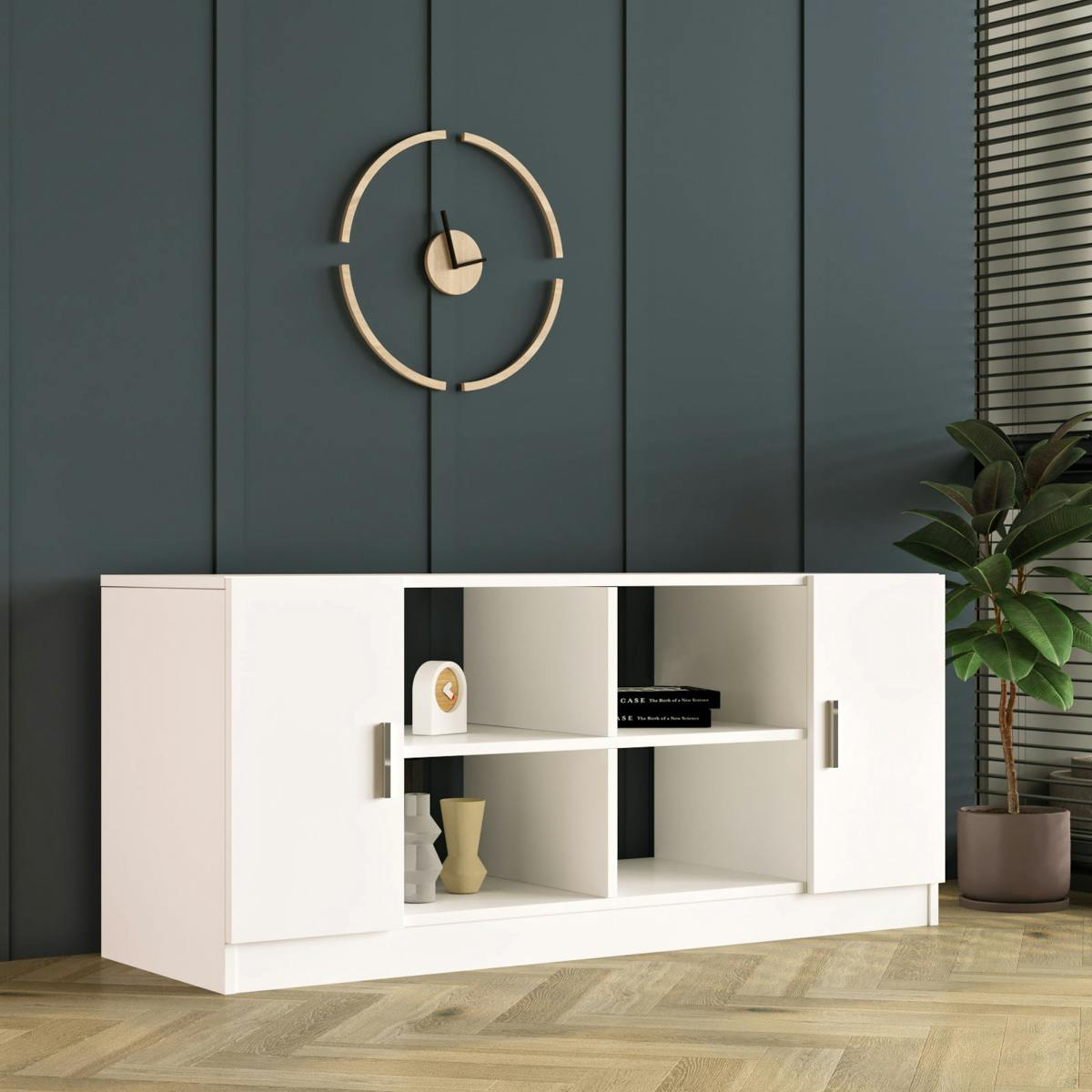 Meuble TV blanc moderne 2 portes 4 niches ouvertes MARFA