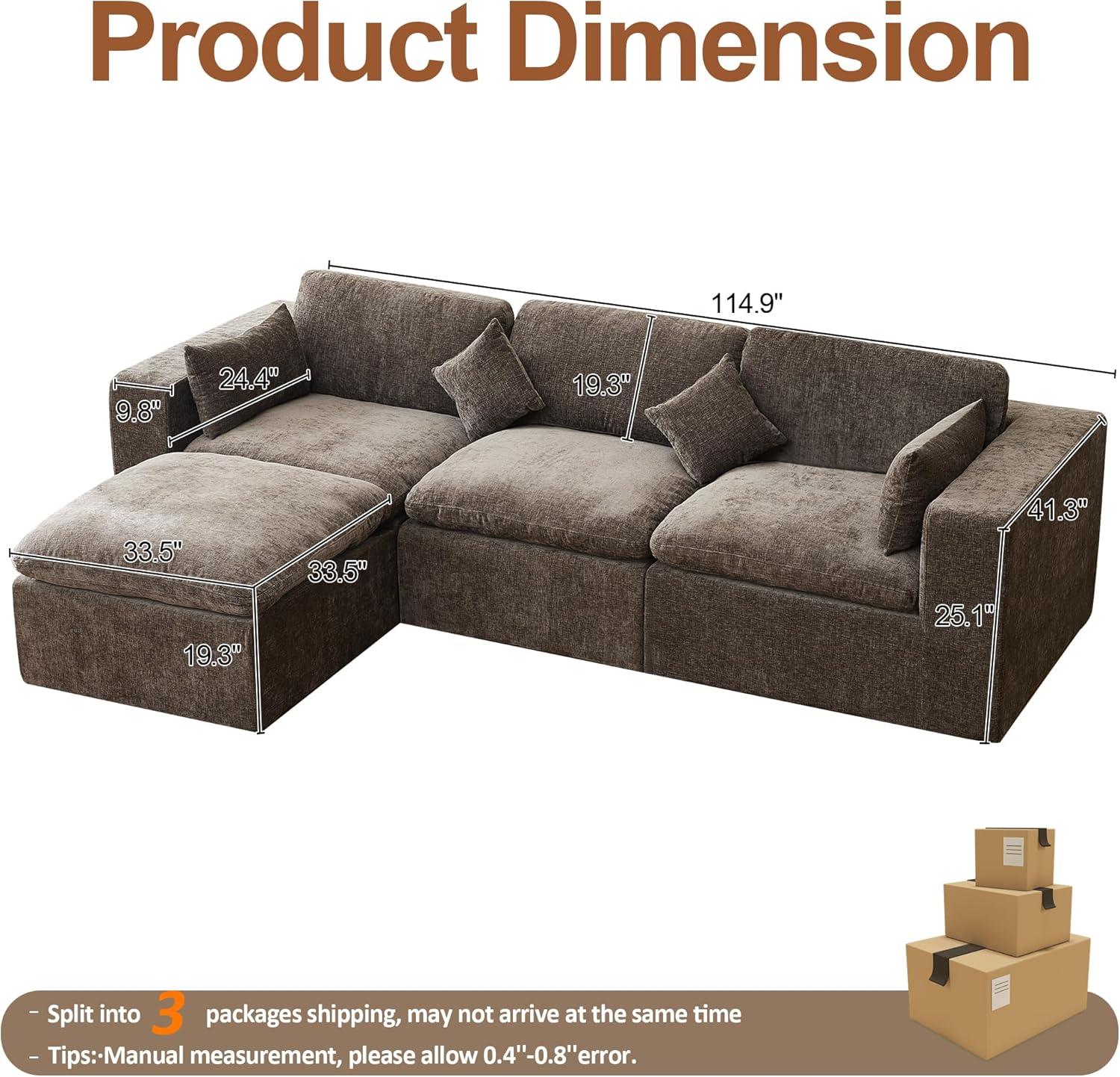 115''Cloud Boneless Sectional Couch, Modular Sectional Sofa Deep Seat with Ottoman, Oversized Upholstered Convertible Comfy 4 Seater Chenille Sofa L Shape Couches for Living Room, Brown