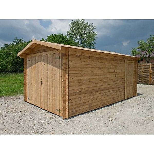 Garage bois massif traité marron 14,84m² 40mm avec toit voliges 20mm Gardy Shelter