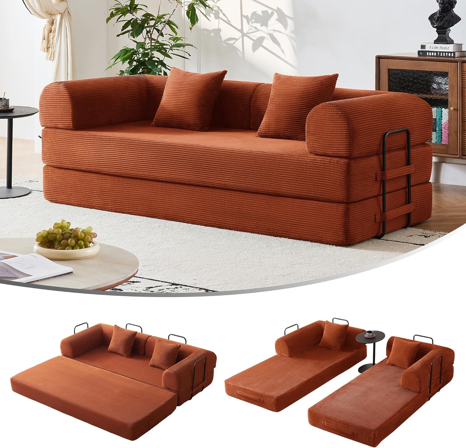 79'' Convertible Sofa Bed, 5-in-1 Folding Corduroy Sleeper Couch with Pull Out Bed, Oversized Modular Floor Sofa, No Assembly, Space-Saving Guest Bed for Apartment Living Room Bedroom (Orange) | Convertible Sofa Bed