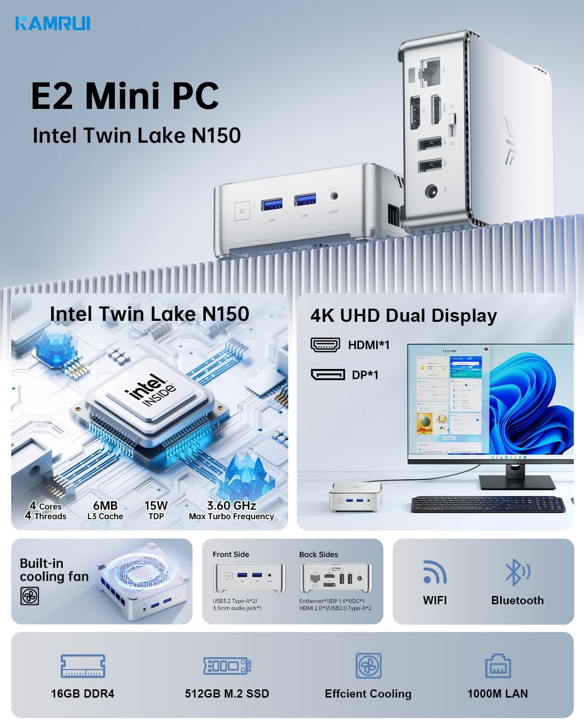 KAMRUI Essenx E2 N150 Micro PC  16GB DDR4 512GB SSD Small Computers  Twin Lake-N N150 PC(Beat N100/N95  up to 3.6GHz) PC Gigabit Dual 4K WiFi BT Office/Home/Business