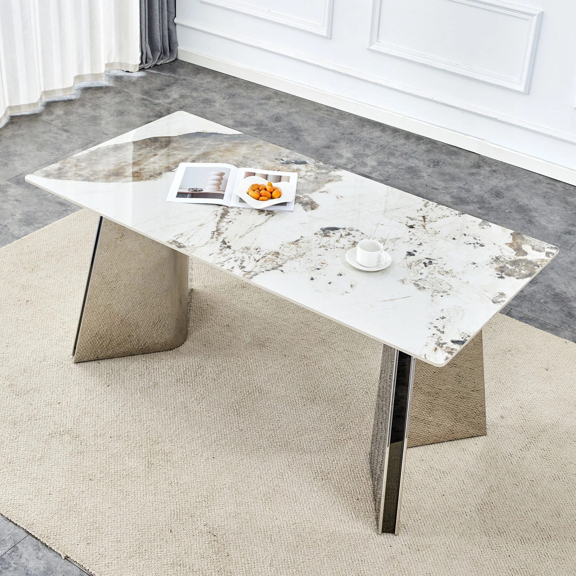 Marble-Patterned Slab Dining Table with Stainless Steel Butterfly Legs，The tabletop is designed to be scratch and heat resistant