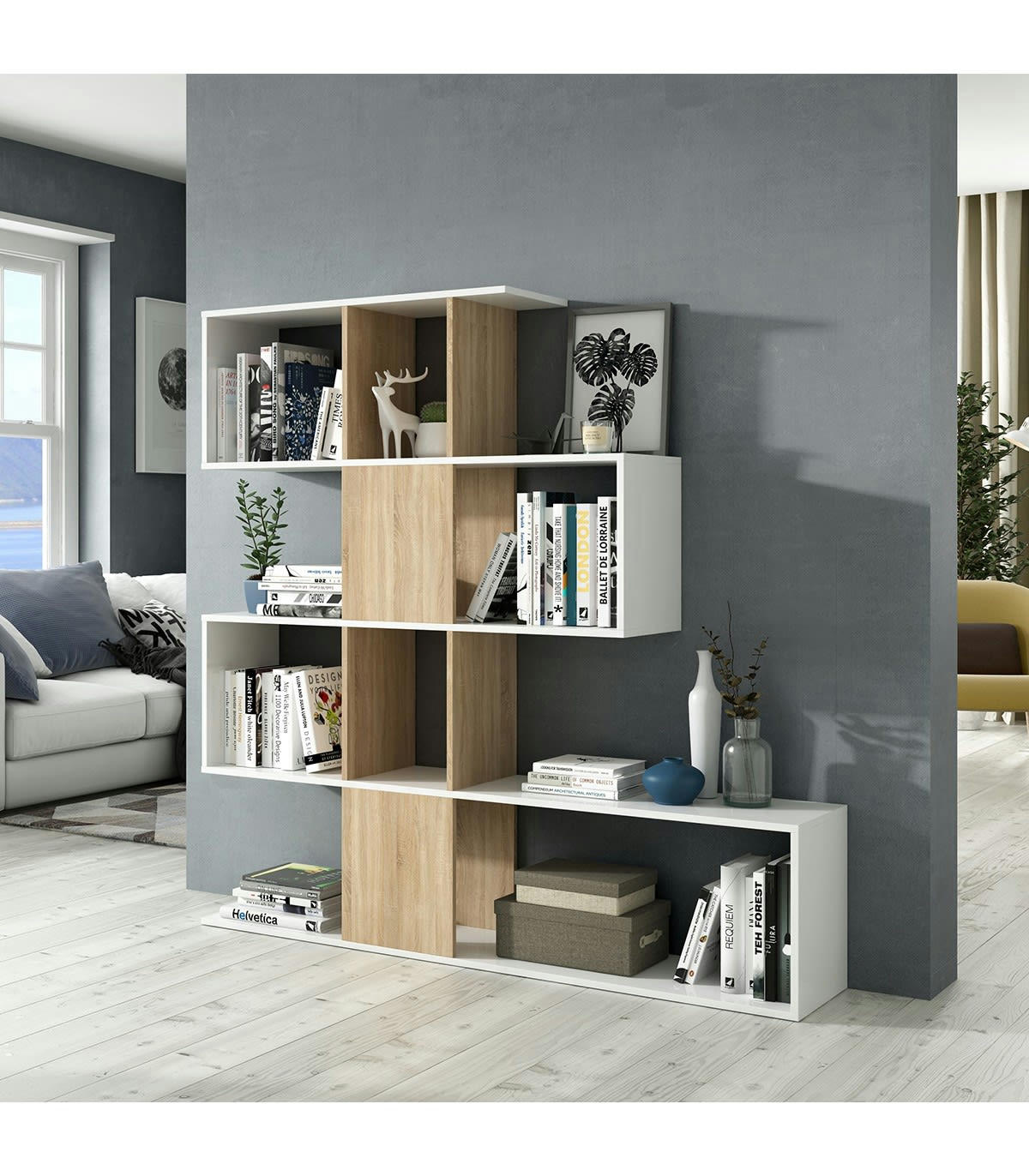 ZIGZAG - Bibliothèque 4 niveaux, 11 compartiments effet bois - H145 x L145 cm